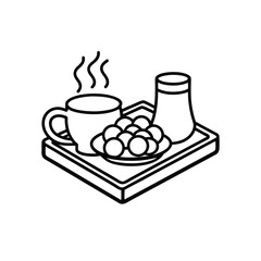 Simple line art illustration of a hot beverage with pastries and milk on a tray.