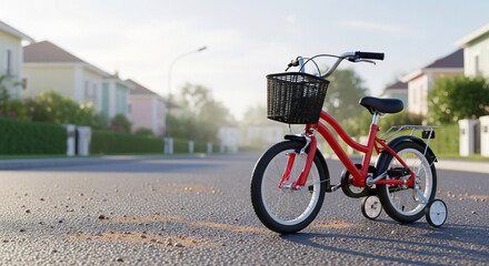 Obraz premium Red child's bicycle with training wheels, parked on a residential street, showcasing a carefree childhood theme