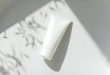 A blank toothpaste tube on a nature background with water drops and soft shadows, top view.