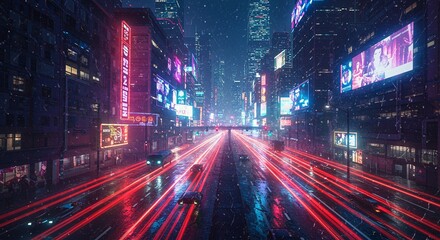 Obraz premium Cyberpunk Cityscape Neon Lights, Rain, and Speeding Cars in a Futuristic Metropolis