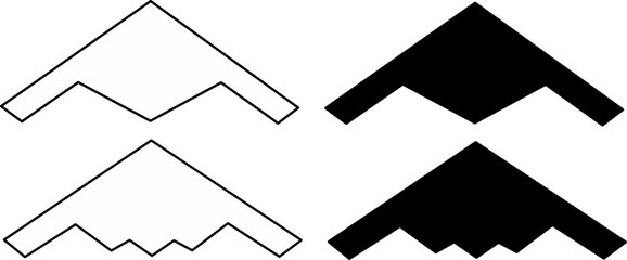 B-2 Spirit and B-21 Raider stealth bombers icon set include outline and silhouette isolated on white background. perfect for aviation, defense, war, or technology themes.