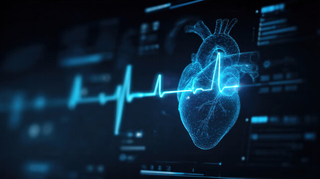 Modern medical background featuring animated heart rate graph in glowing cyan, pulsing steadily across dark screen, digital HUD elements and biometric data visuals
