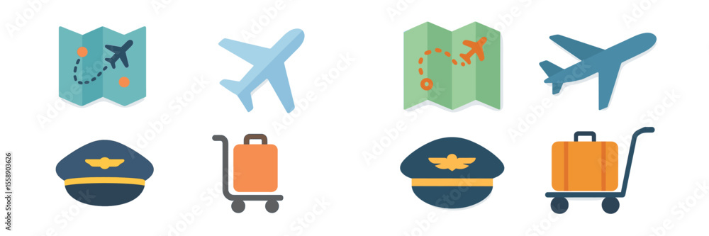 Aufkleber travel icons representing flight and navigation in a minimalist design with maps and luggage