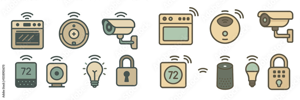 Poster smart home technology icons showcasing various devices for home automation and security systems in a