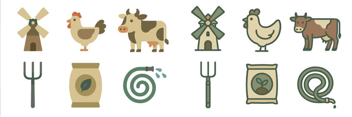 Farm life elements showcasing animals and equipment in a rustic countryside setting with a focus on agriculture and sustainability