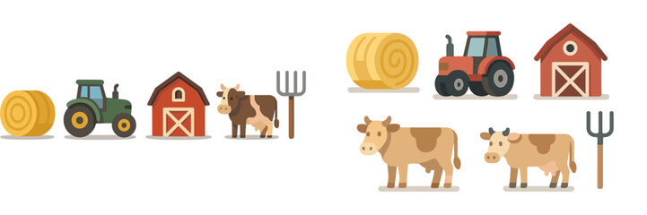 Farm animals and machinery create a lively rural landscape with barns and hay bales during the bright daytime