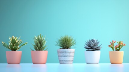 Fototapeta premium Five potted succulents in a row on a blue table against a turquoise background.