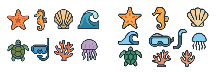 Colorful marine life and underwater symbols in a bright, playful design