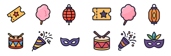 Colorful carnival icons representing festive activities like games, candy, and music at a vibrant fairground celebration