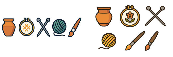 Crafting and creative supplies showcase featuring pottery, yarn, and tools for artistic projects