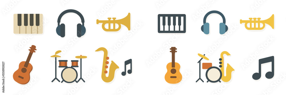 Poster musical instruments and icons representing diverse genres arranged neatly on a light background