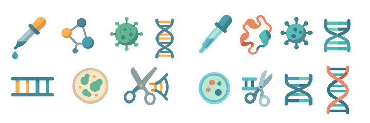 Colorful scientific icons representing biotechnology, genetics, and microbiology research activities in an abstract style