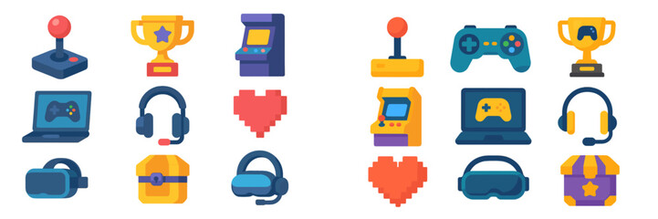 Collection of gaming icons showcasing retro and modern gaming elements in a vibrant design