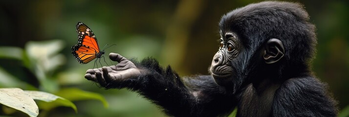 Baby gorilla reaching out to touch a butterfly, delicate and heartwarming
