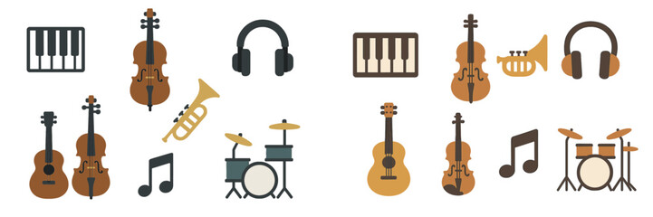 Musical instruments and audio equipment illustrated in a colorful and modern design