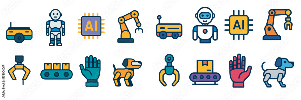 Poster robots and artificial intelligence icons representing technology and automation in modern industries