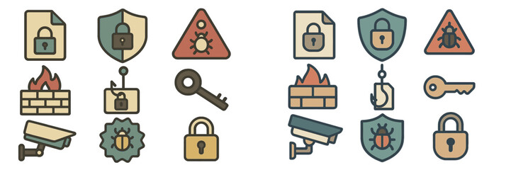 Collection of security and protection icons featuring locks, shields, and surveillance elements in a modern design