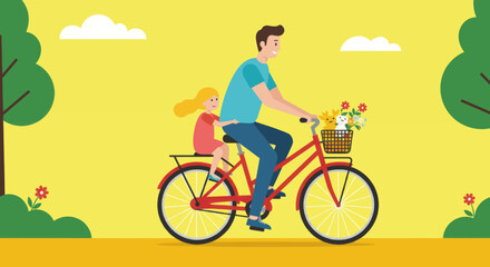 Fototapeta premium A man and a girl are riding a bicycle together in a park with trees and flowers