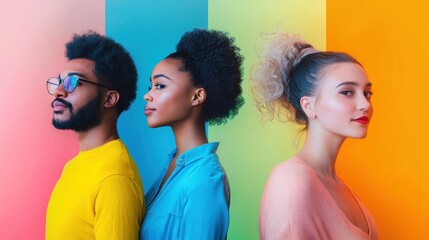 Three individuals standing in front of a colorful, gradient background with a rainbow pattern.