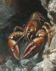 Close-up of a lobster in a rocky underwater crevice, claws extended