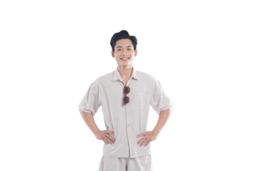 Asian guy wearing tourist clothes and sunglasses posing, travel concept