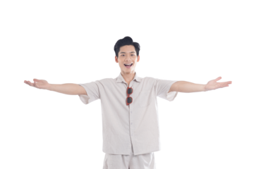 Asian guy wearing tourist clothes and sunglasses posing, travel concept