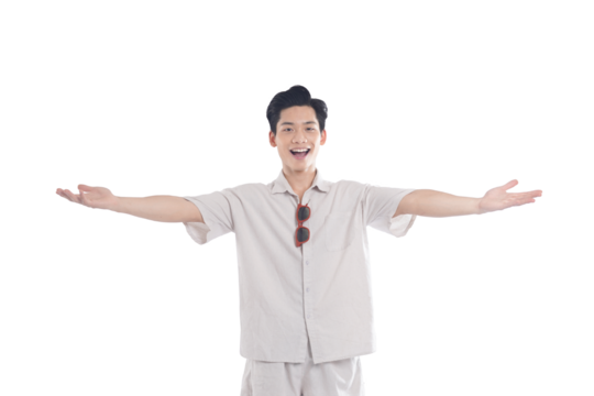 Asian guy wearing tourist clothes and sunglasses posing, travel concept