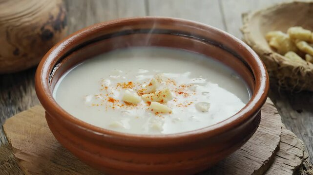 Bulgarian shkembe chorba, tripe soup served in a bowl with garlic and vinegar, rustic setting with natural light shining through a window, warm and hearty vibe
