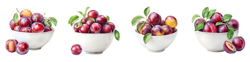 Bowls of Fresh Plums with Leaves Isolated on White