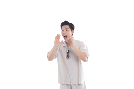 Asian guy wearing tourist clothes and sunglasses posing, travel concept