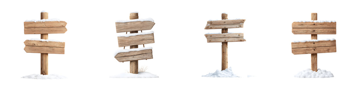 Set of Rustic Wooden Signposts Covered in Snow