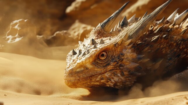 Close-up of horned lizard blending seamlessly with the desert sand