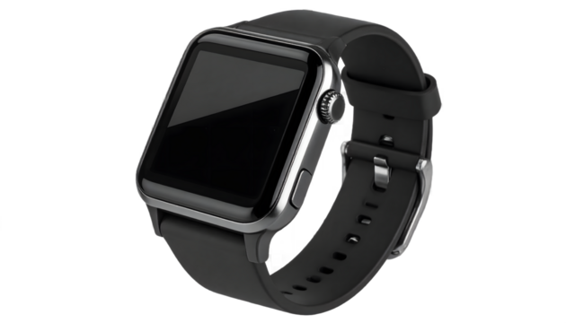Modern smartwatch with sleek black strap against a contrasting dark backdrop