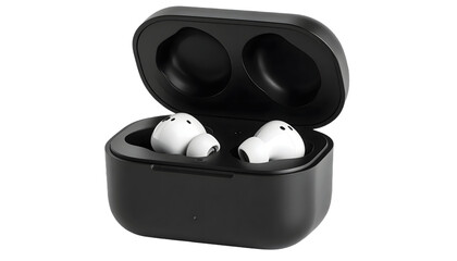 Wireless earbuds sit inside their charging case on a black background