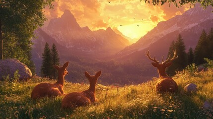 Deer family resting in a tranquil mountain meadow at sunset