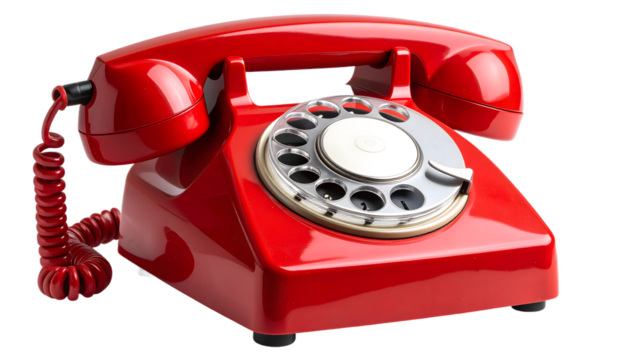 Retro red rotary phone with a classic design on a black background