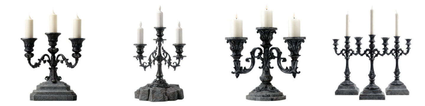Set of ornate black candelabras with lit candles isolated on white background
