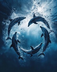 Dolphins forming a circle underwater, bubbles rising around them