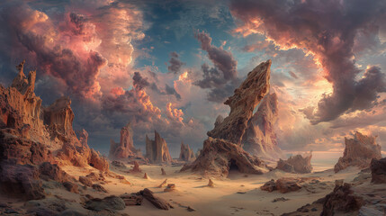 Alien desert landscape with bizarre rock formations