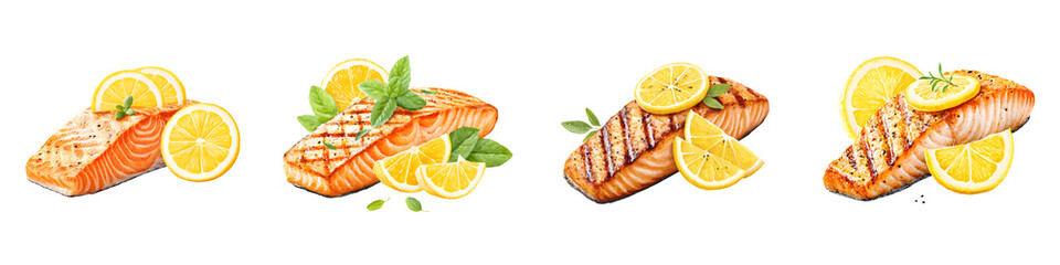 Grilled Salmon Steak with Lemon and Herbs Isolated on White