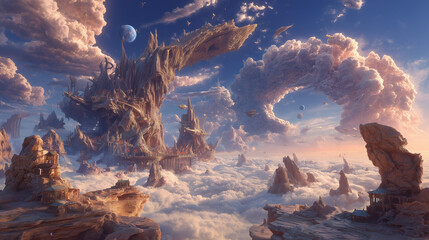 Epic sky kingdom with flying ships above a sea of clouds