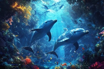 Dolphins interacting with snorkelers, creating a magical underwater scene