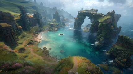 Ancient coastal ruins surrounding a secluded turquoise cove