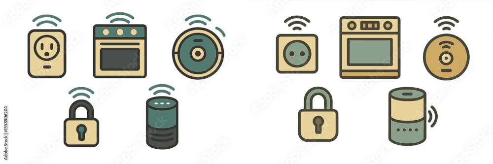 Poster smart home technology icons representing various connected devices for modern living spaces in a sim