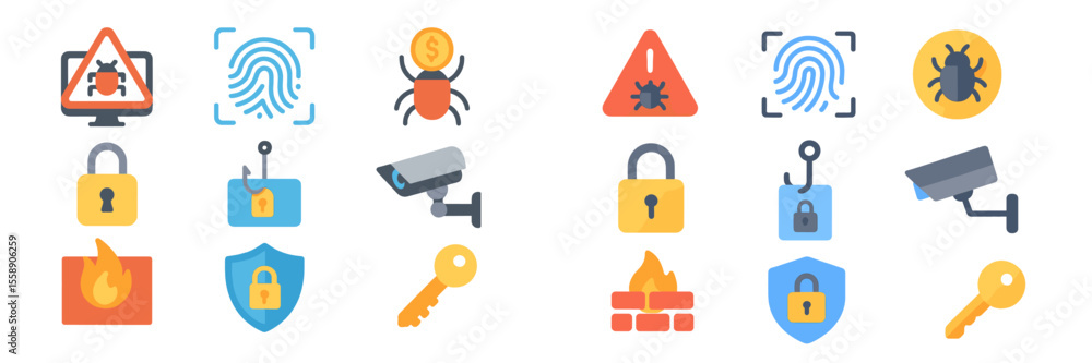Poster security icons illustrating various aspects of cybersecurity and physical safety in a digital format