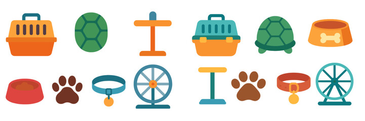 Colorful illustrations of pet accessories and items for turtles, dogs, and small animals in a playful design