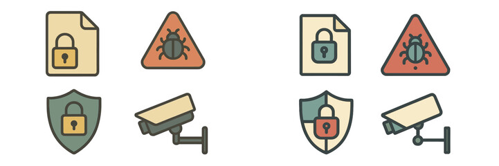 Design elements representing cybersecurity, privacy protection, and surveillance technology featuring icons of locks, shields, and cameras