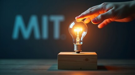 A hyper realistic image captures a hand touching a glowing light bulb on a wooden cube, with "MIT" subtly visible, emphasizing new ideas and innovation.