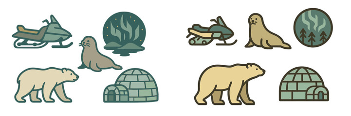 Creative illustrations of Arctic wildlife, snowmobiles, and natural wonders in a vibrant design showcasing cold climate adventures