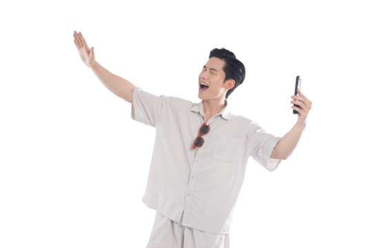 portrait of asian man wearing summer shirt posing on white background
